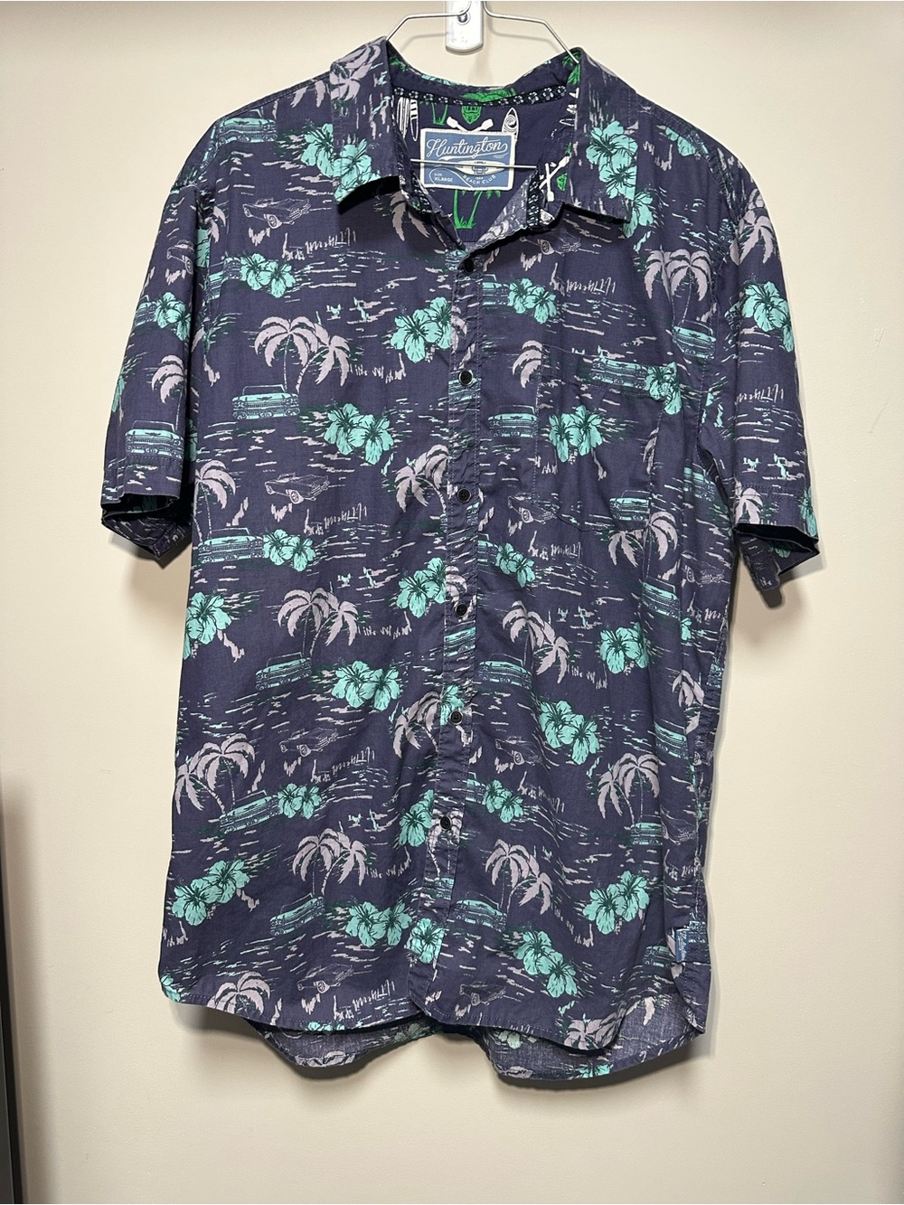Huntington Beach Club Men's XL Blue Green Hawaiian Tropical Floral Cotton Shirt